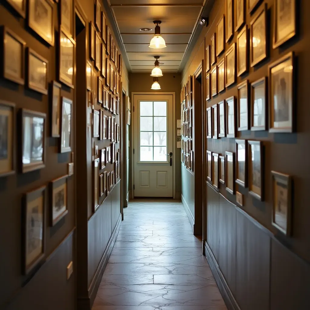 a photo of a collection of vintage postcards displayed in a hallway