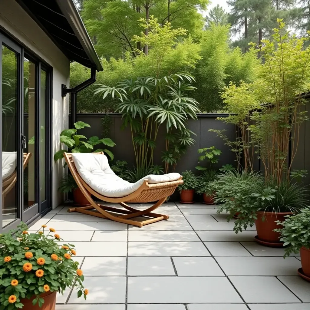 a photo of a serene concrete patio with a hammock and potted plants