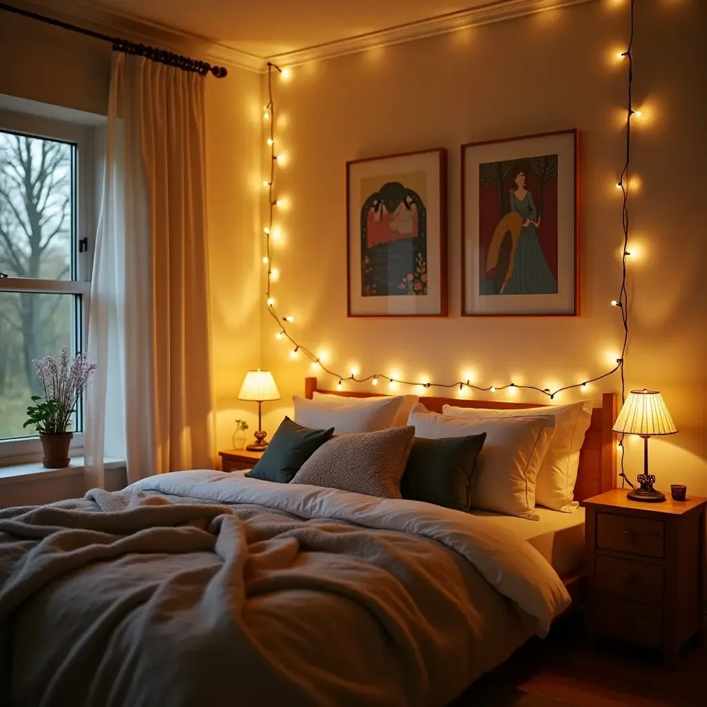 a photo of a cozy bedroom with handmade wall art and fairy lights