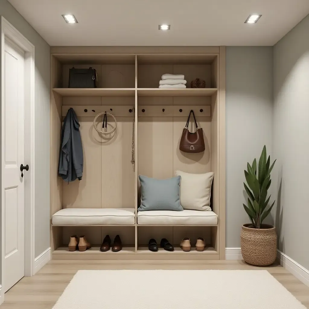 a photo of a basement with a stylish entryway storage solution