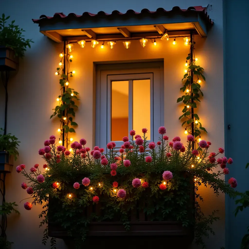 a photo of a vibrant balcony filled with blooming flowers and fairy lights