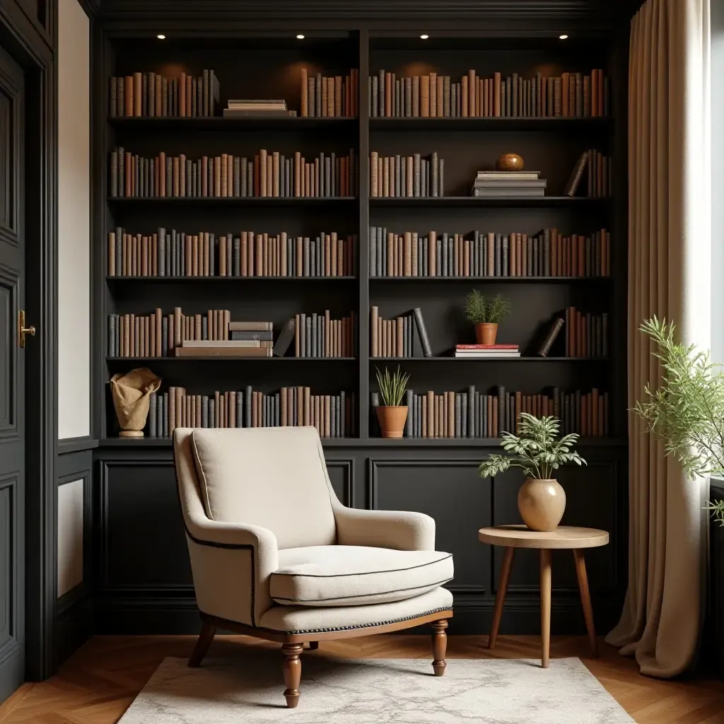 a photo of a cozy library corner with a stylish armchair and side table