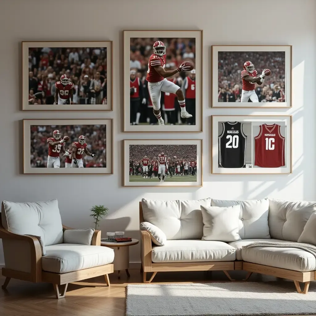 a photo of a sports-themed gallery wall with jerseys and action shots