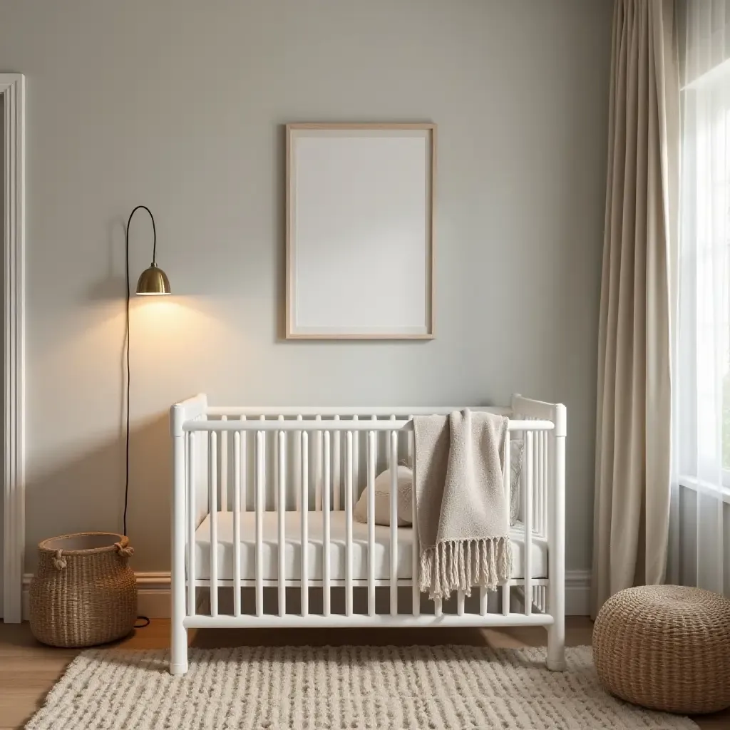 a photo of a charming nursery with a vintage-style lamp and rustic decor elements