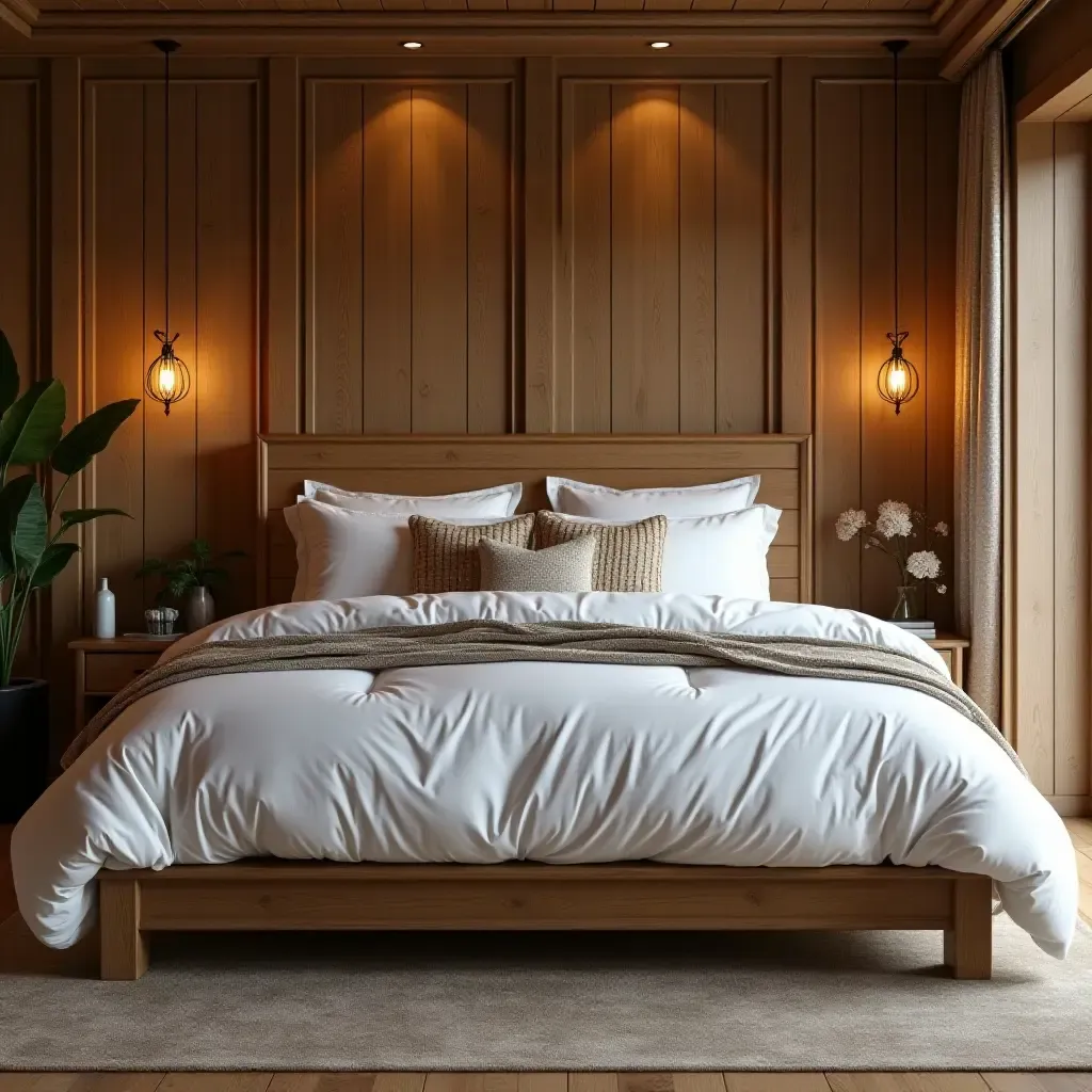 a photo of a rustic wooden bed with plush bedding and soft throw pillows