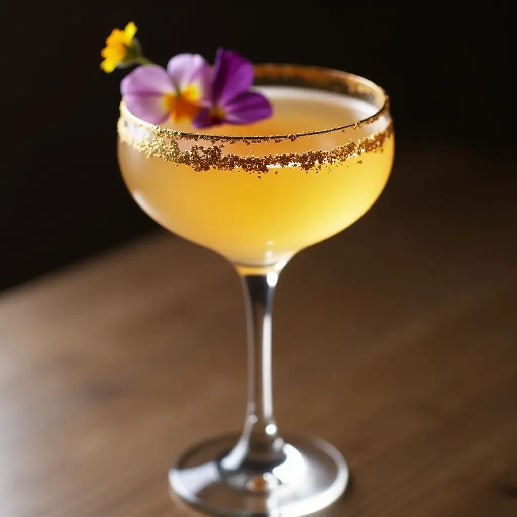 a photo of a modern Italian cocktail with edible flowers and a golden rim, served in a sleek glass.