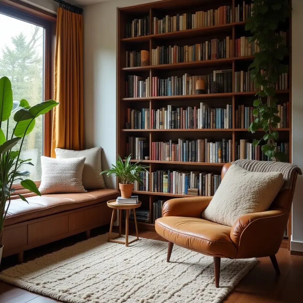 a photo of a cozy knitted rug in a small library nook