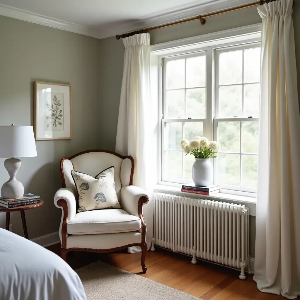 a photo of a charming reading nook in a farmhouse bedroom with a vintage armchair