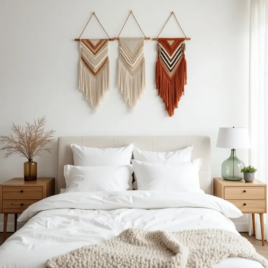 a photo of a clean bedroom with bohemian-inspired wall hangings