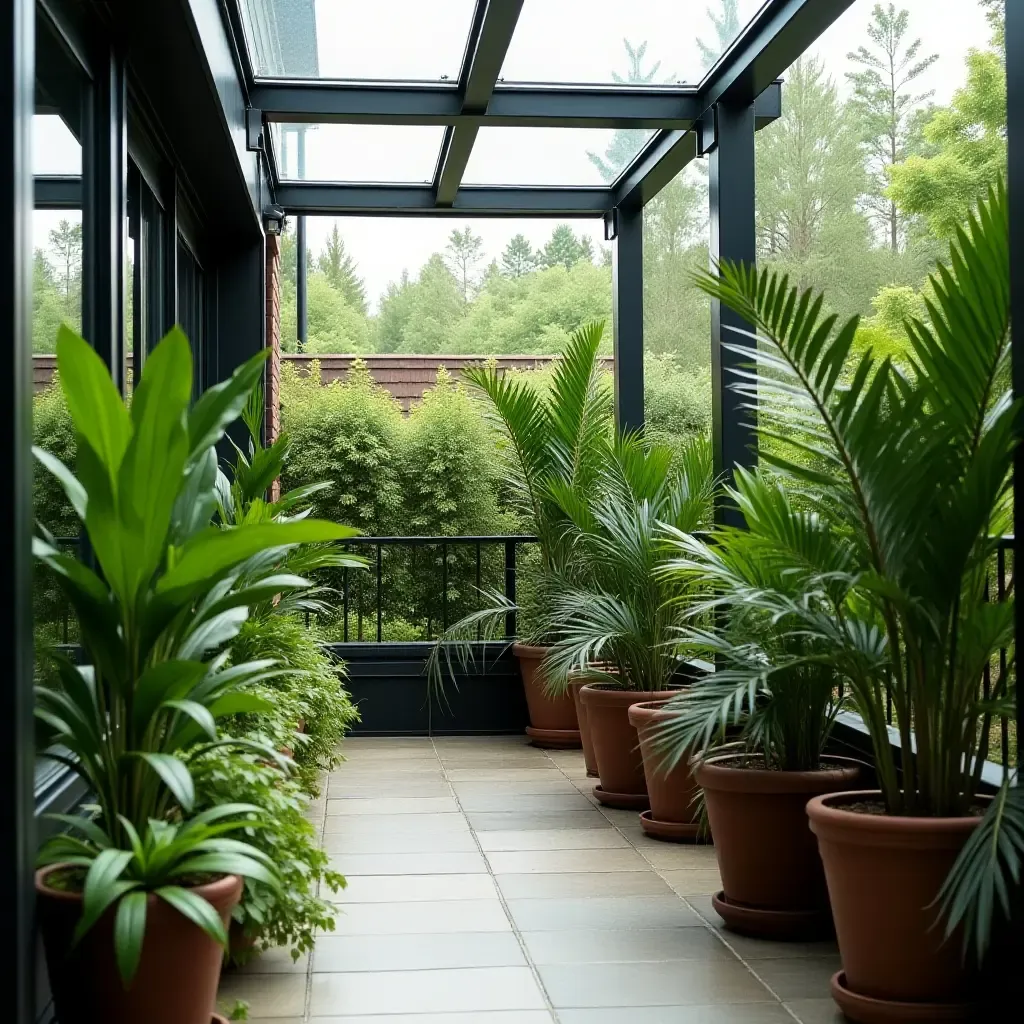 a photo of a glass balcony surrounded by tall potted plants for natural privacy