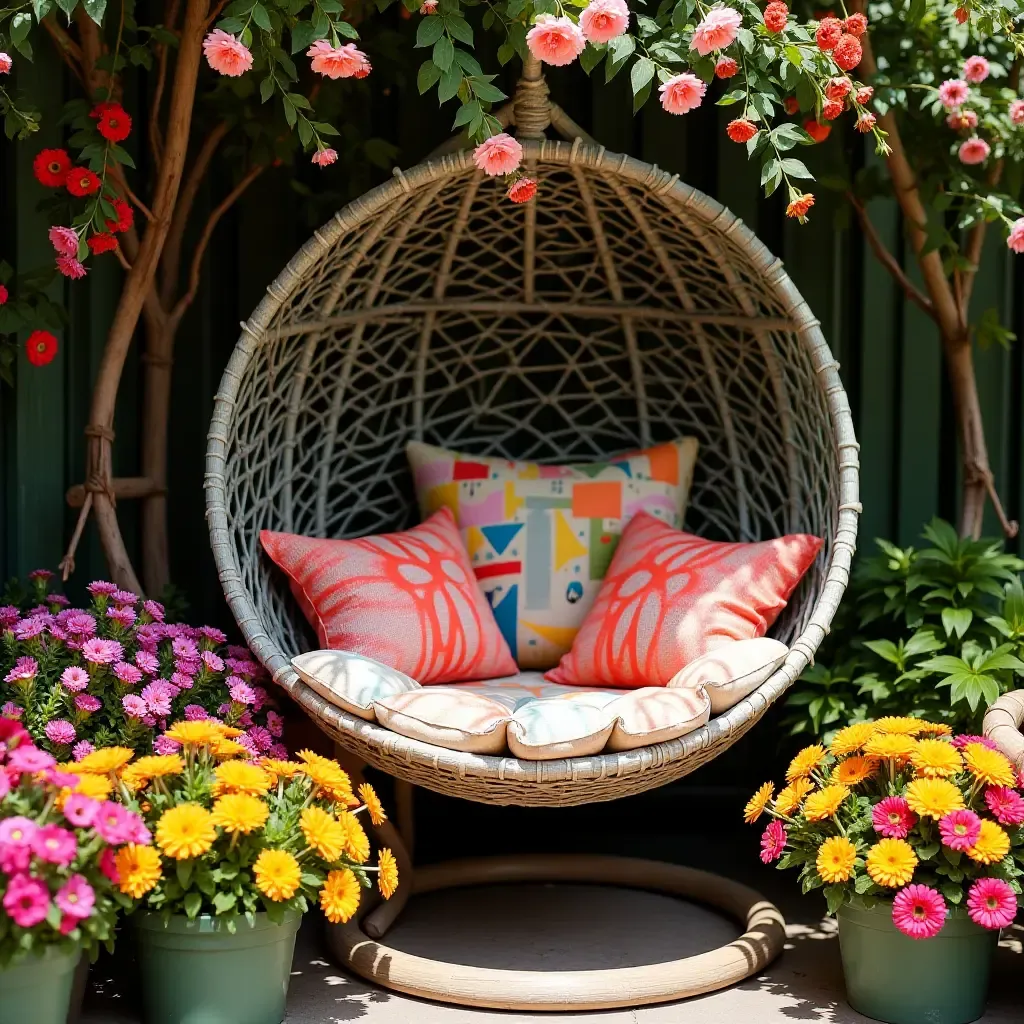 a photo of a colorful hanging chair surrounded by vibrant flowers