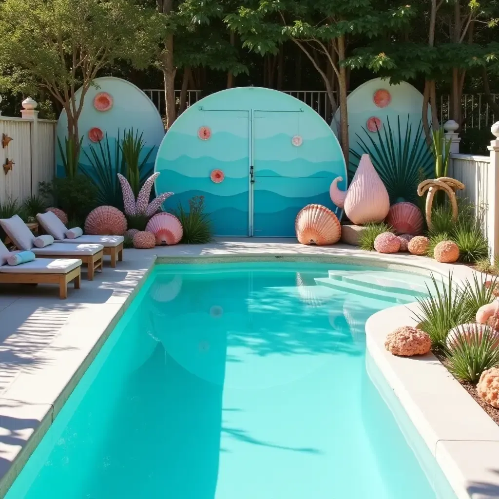 a photo of a whimsical mermaid-themed poolside with seashell decorations