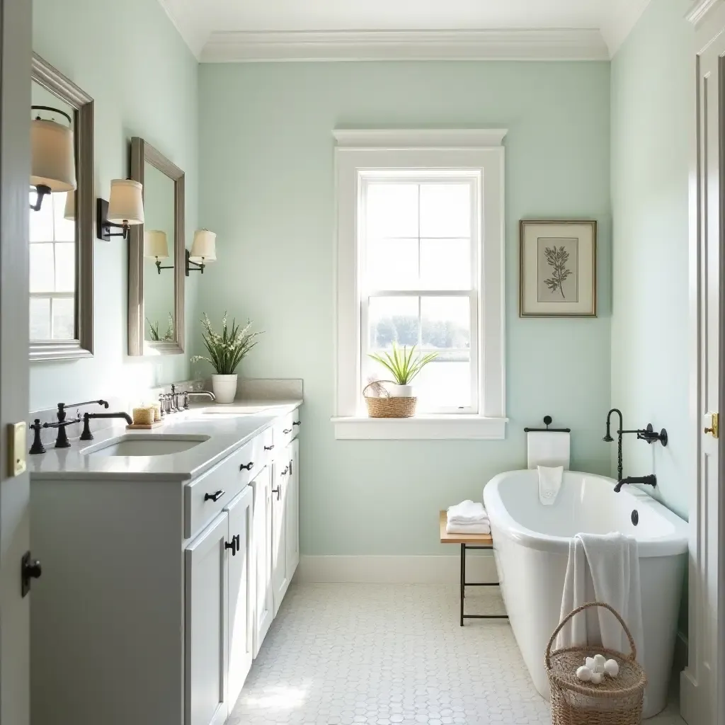 a photo of a coastal-themed bathroom with light colors and nautical elements