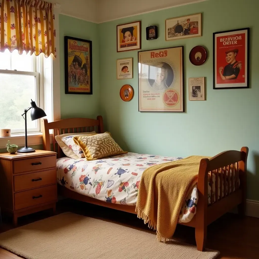 a photo of a vintage-themed teen bedroom with retro decor and classic posters