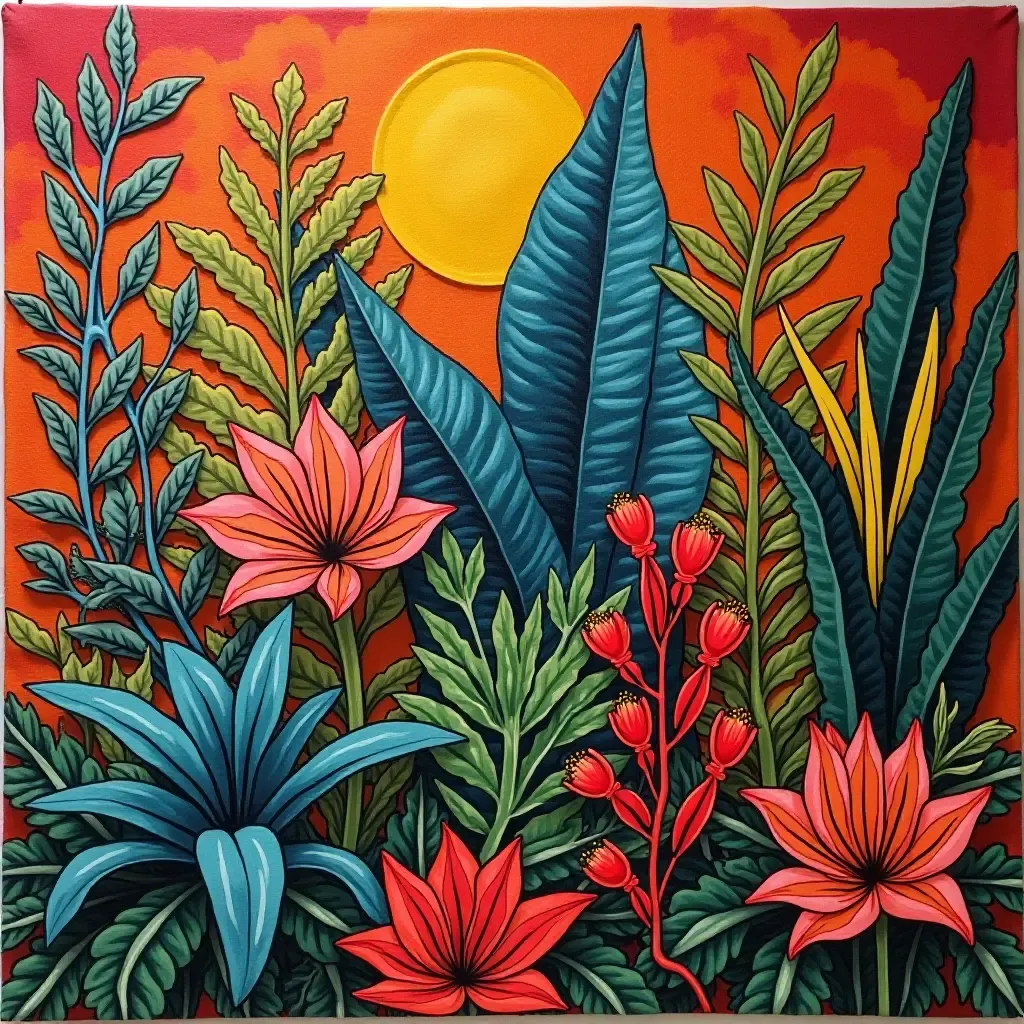 a photo of a colorful tapestry featuring tropical plants