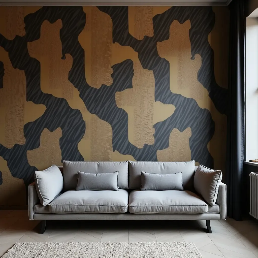 a photo of a grey sofa with a statement wall featuring bold wallpaper