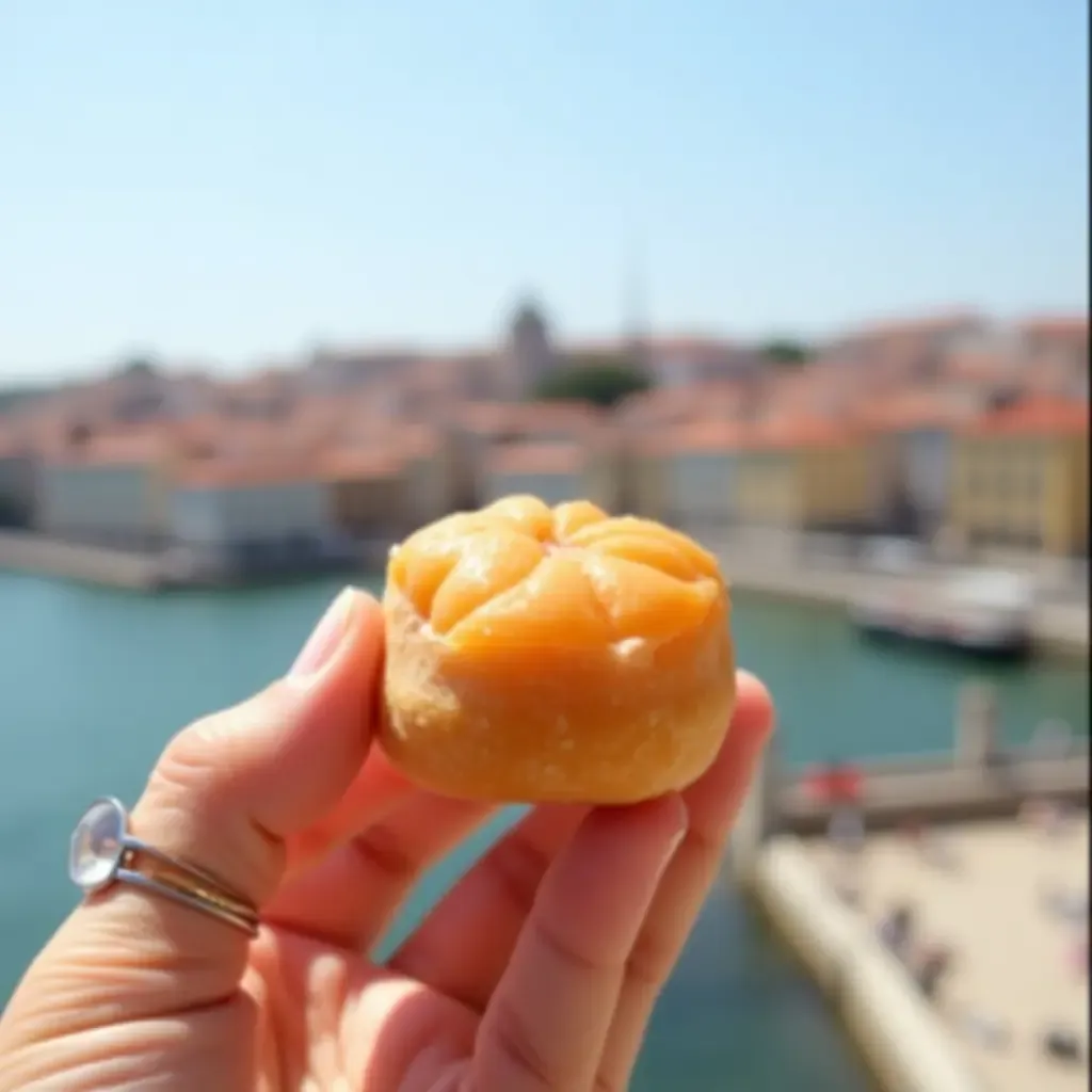 a photo of a hand holding a rare Portuguese sweet with a scenic Lisbon backdrop.