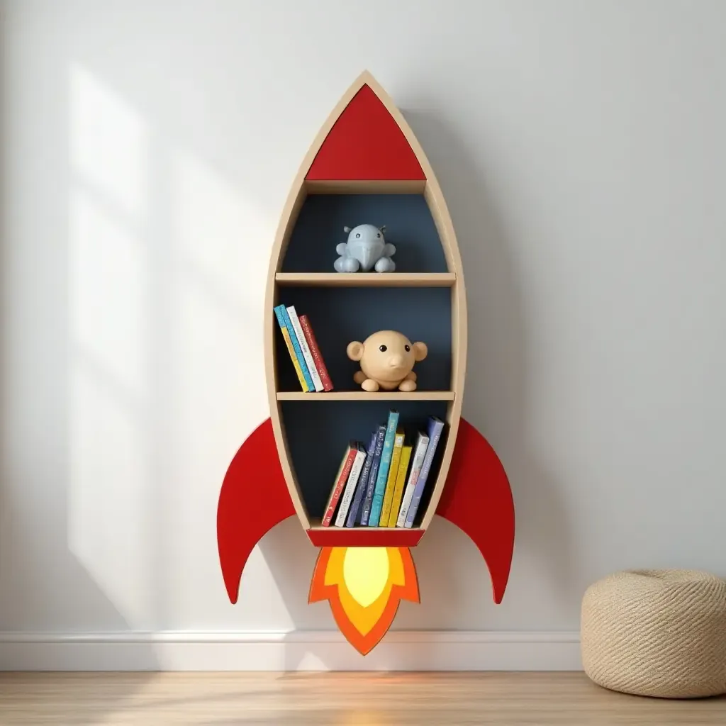 a photo of a rocket-shaped shelf with space books and toys