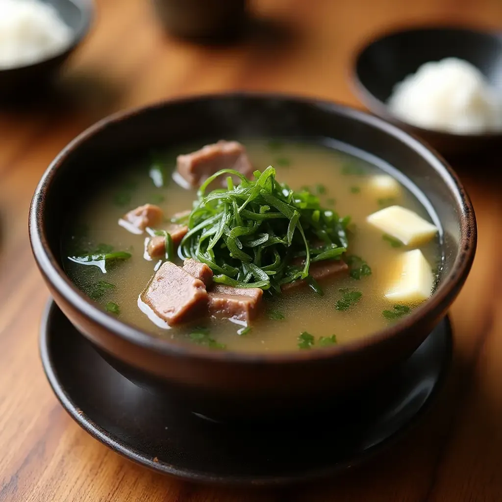 a photo of warm miyeokguk, seaweed soup with beef, served in a traditional Korean bowl with rice.