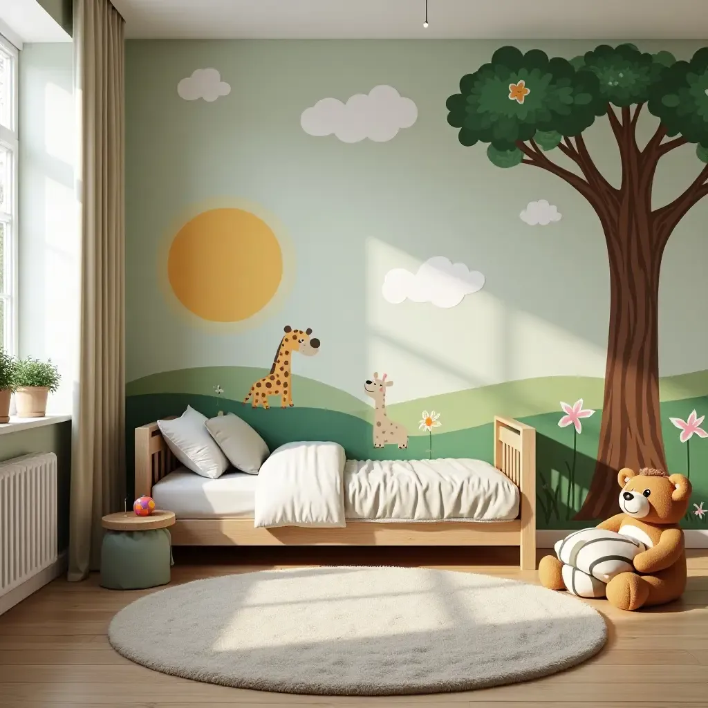 a photo of a children&#x27;s room with a jungle theme