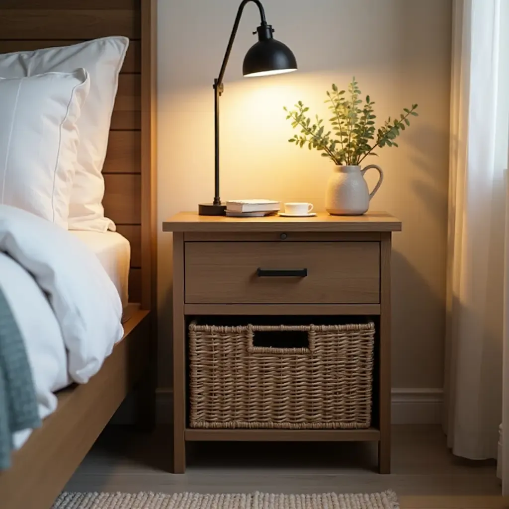 a photo of a functional nightstand with storage baskets and a reading light