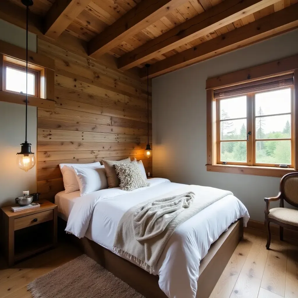 a photo of a rustic 8x8 bedroom with reclaimed wood accents