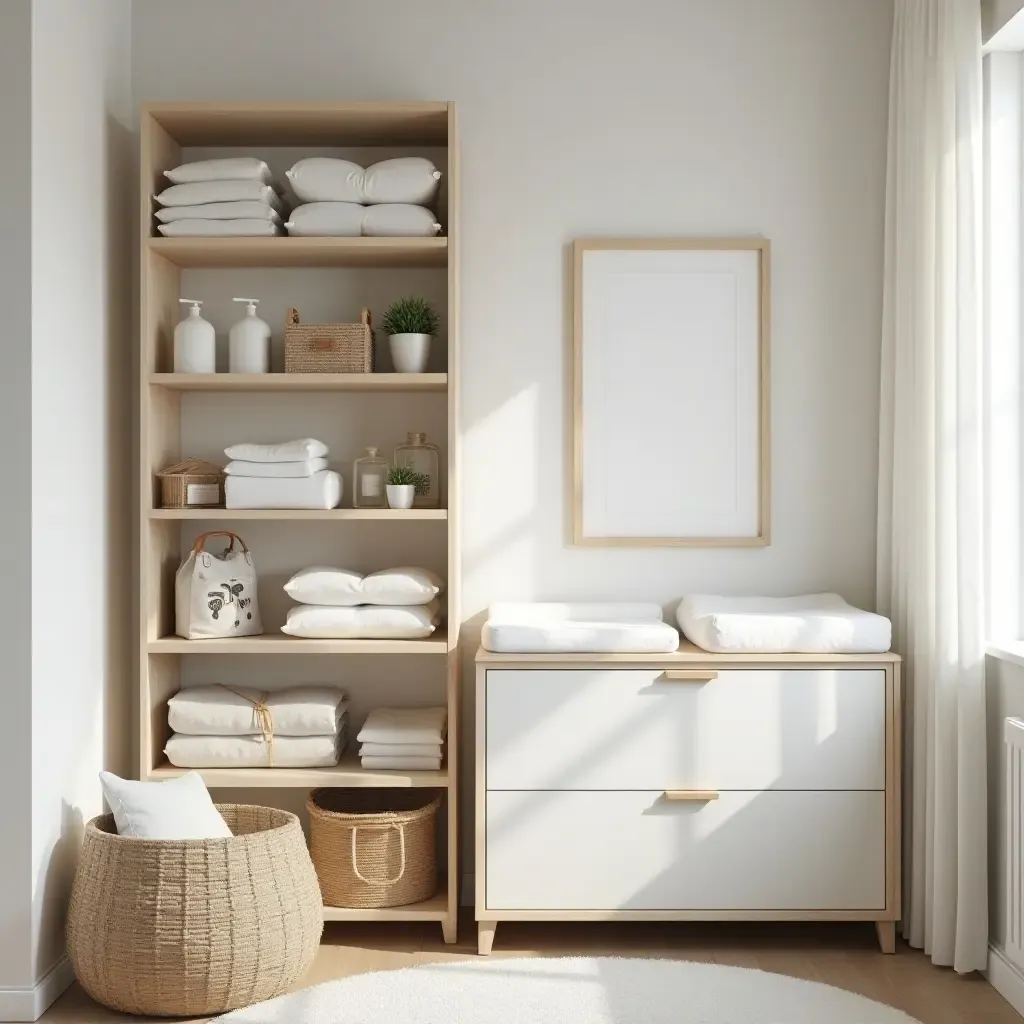 a photo of a nursery with an organized diaper changing station