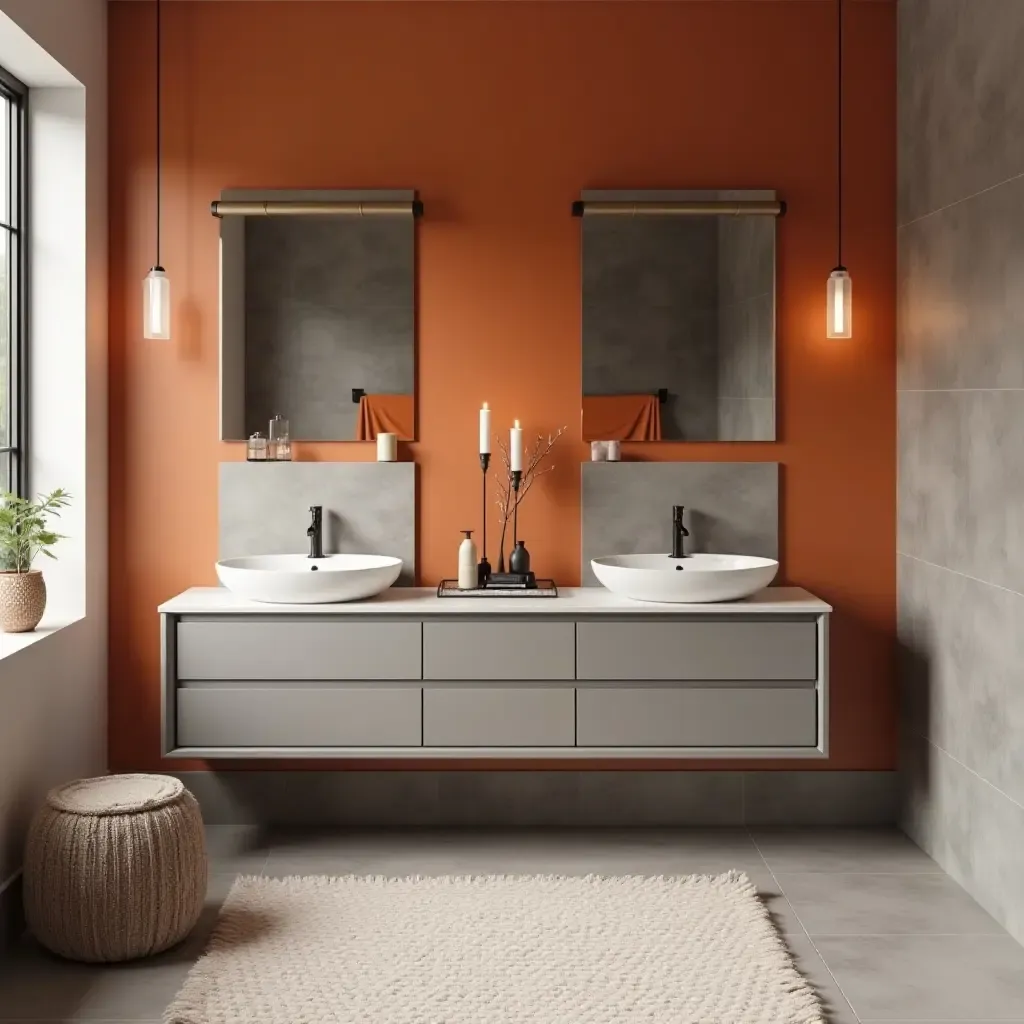 a photo of a trendy burnt orange and gray bathroom with stylish furnishings