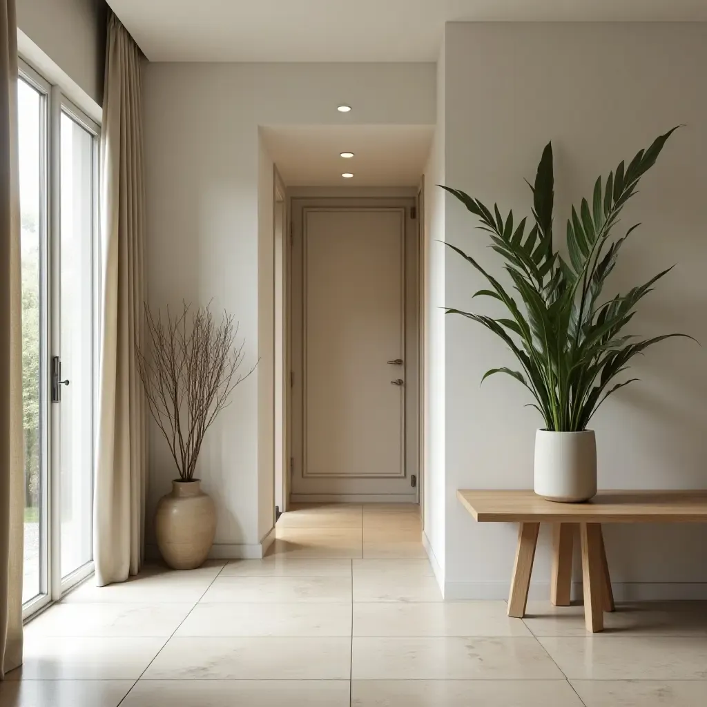 a photo of a corridor with a creative plant arrangement on a table