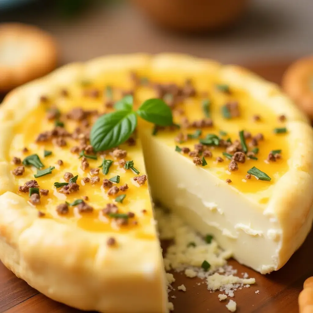 a photo of a baked brie cheese topped with French herb blend and served with crackers.