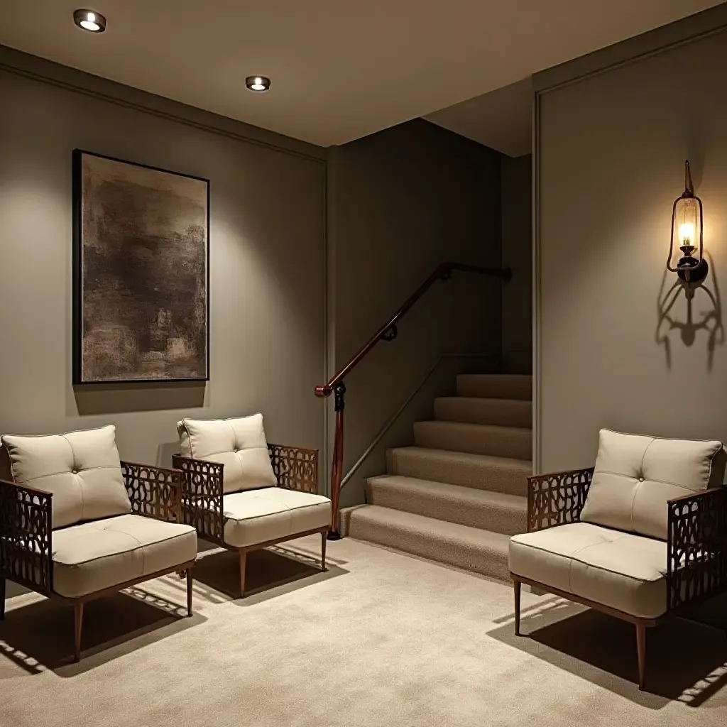 a photo of a basement with metallic accent chairs