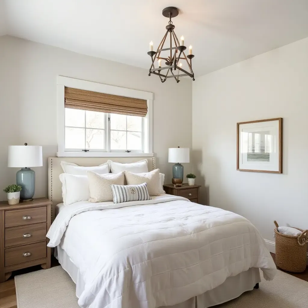 a photo of a charming bedroom featuring a farmhouse-style chandelier and decor