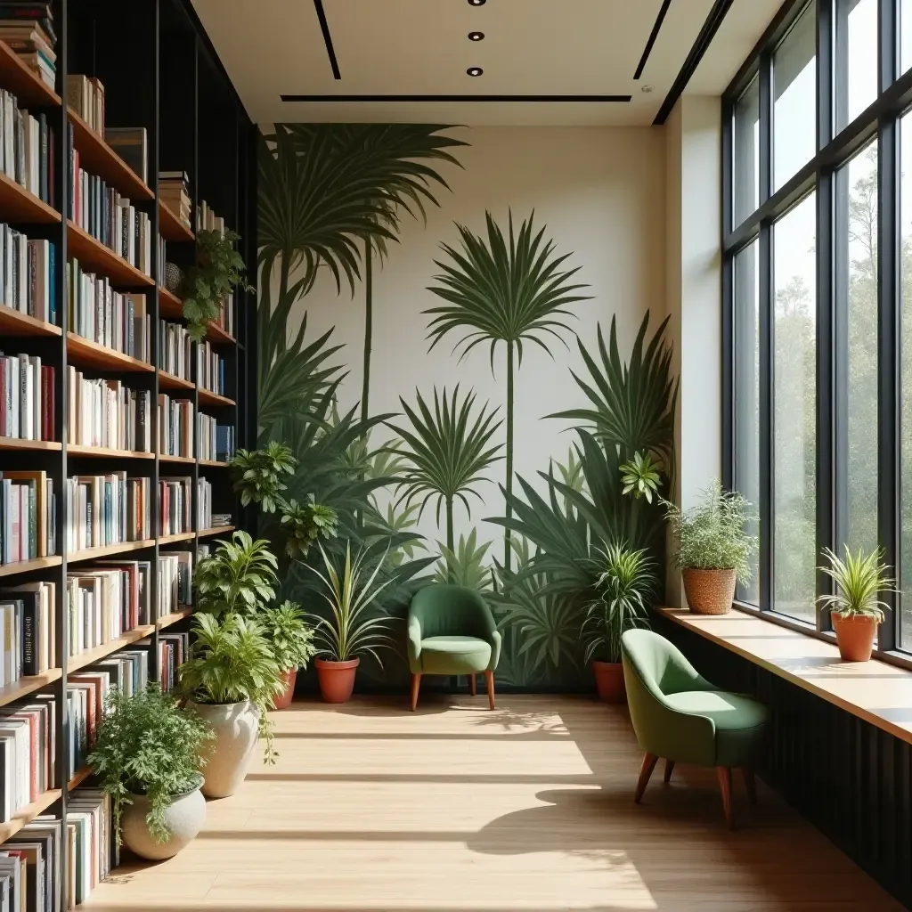 a photo of a library featuring plant-themed wall art