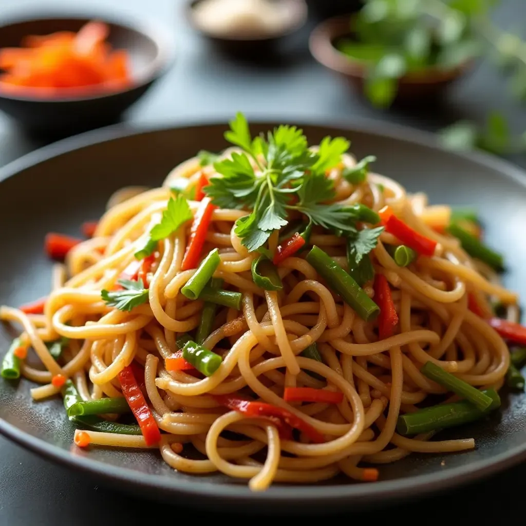 a photo of crispy vegan japchae with glass noodles and vibrant vegetables