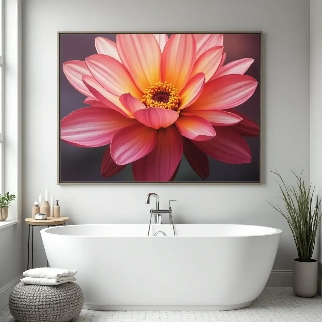 a photo of a large, vibrant floral canvas in a bathroom setting