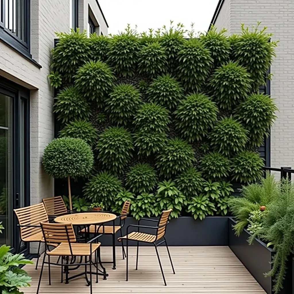 a photo of a modern balcony garden with a geometric wall of plants