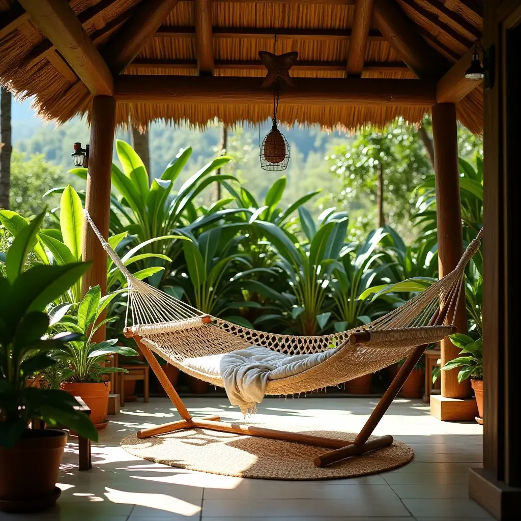 a photo of a relaxing lounge area with a hammock and tropical plants