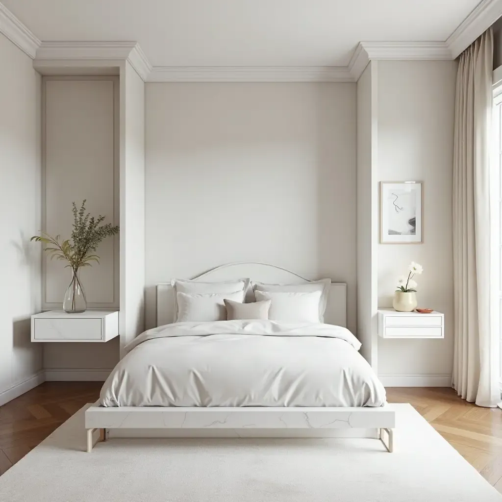 a photo of a modern teen bedroom with marble furniture and minimalist design