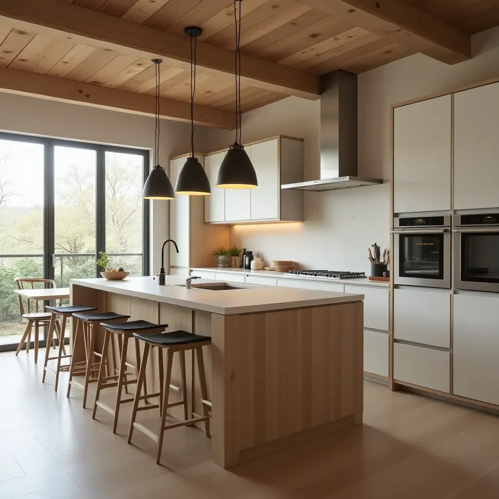 a photo of a kitchen with a wooden island and pendant lights