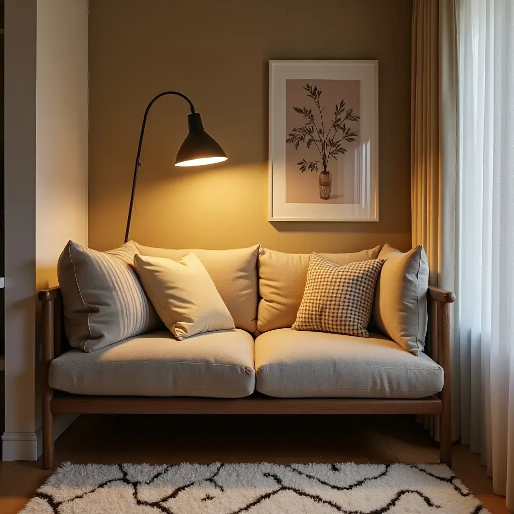 a photo of a stylish reading nook with a unique floor lamp and art