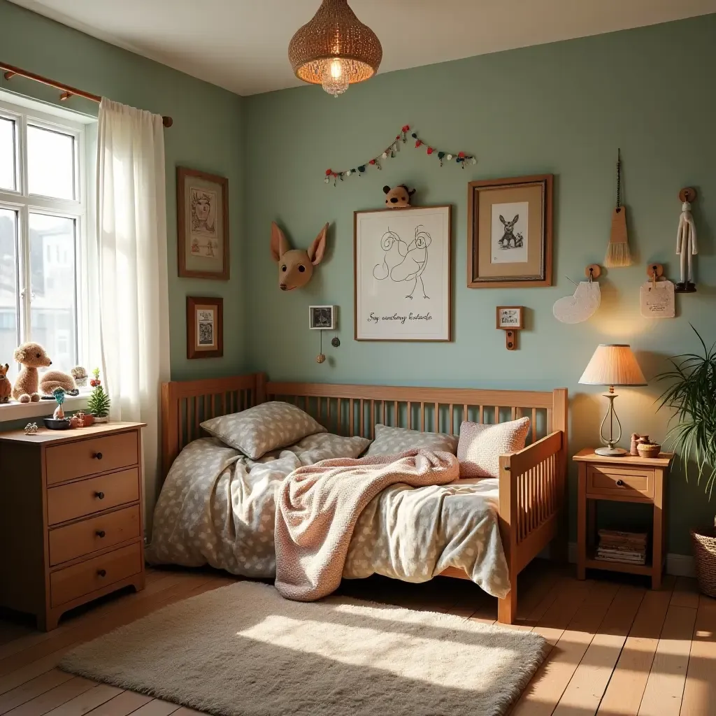 a photo of a whimsical bedroom with antique toys and nostalgic decor