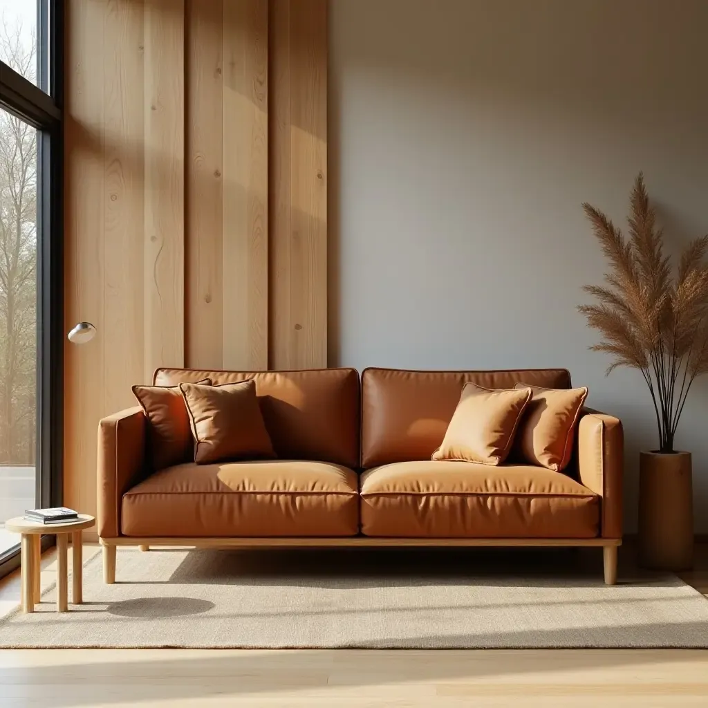 a photo of a cognac couch surrounded by natural wood accents