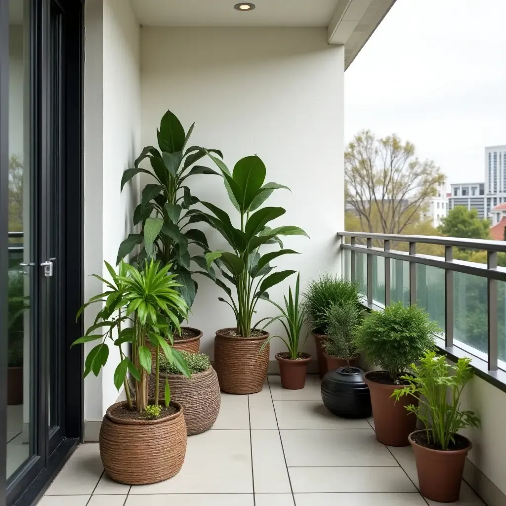 a photo of a balcony with a modern aesthetic and organized plant display