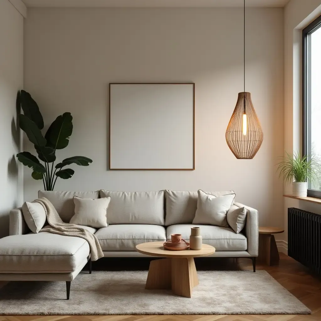 a photo of a small living room with a unique pendant light