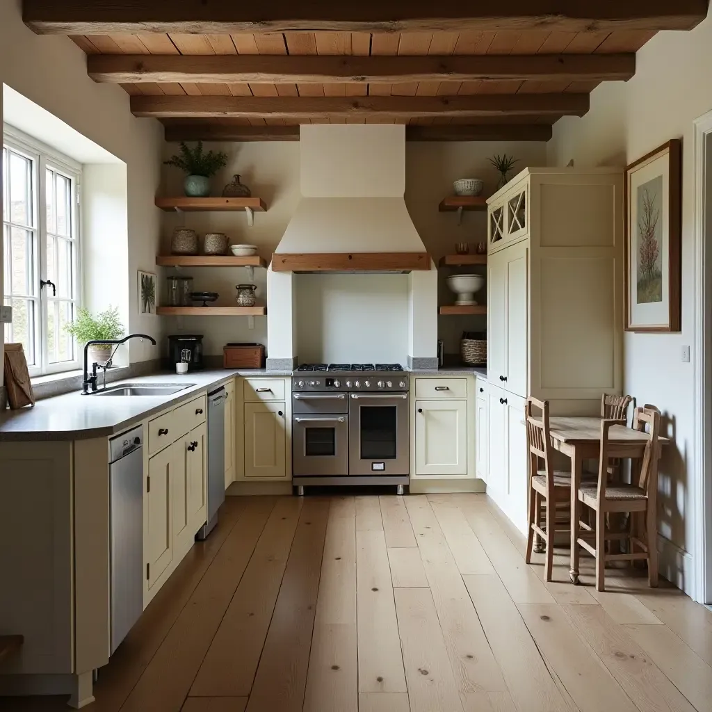 a photo of a kitchen with a rustic dining area and charming decor