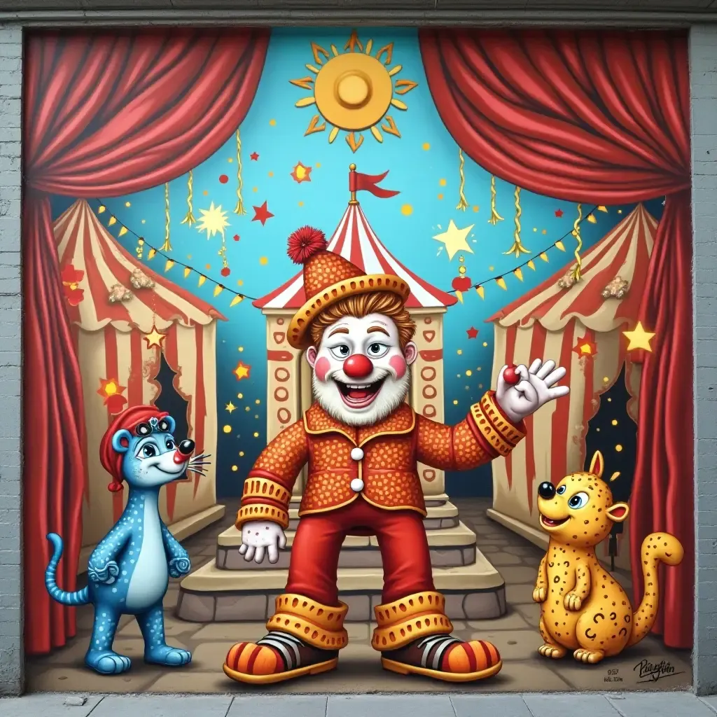 a photo of a fun circus-themed mural with clowns and animals