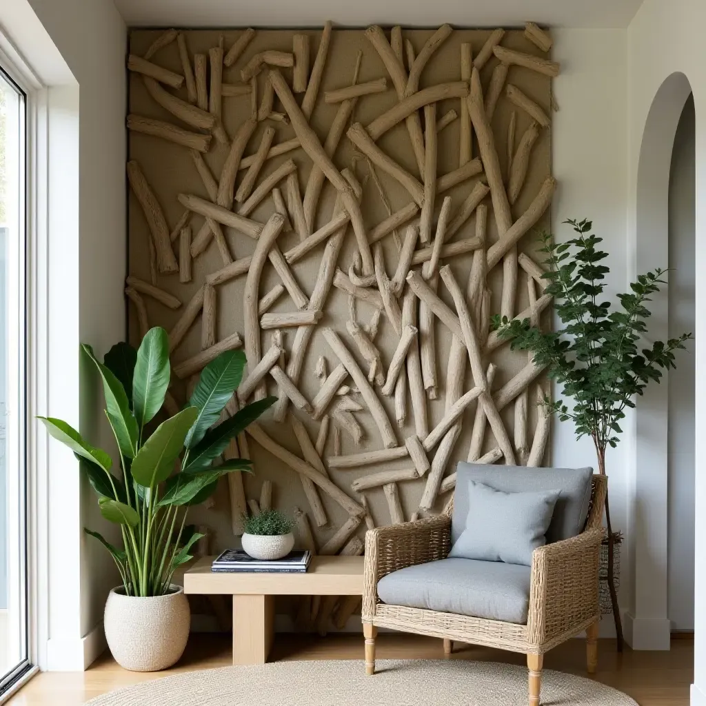 a photo of a nature-inspired garden wall with driftwood and beach decor in a foyer