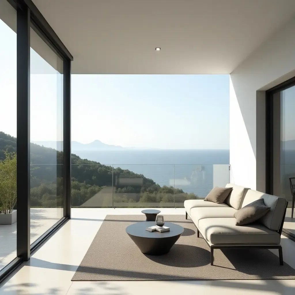 a photo of a minimalist balcony with sleek seating and a view