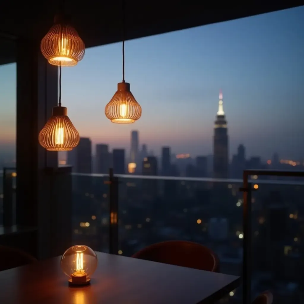 a photo of a balcony with artistic pendant lights against a skyline