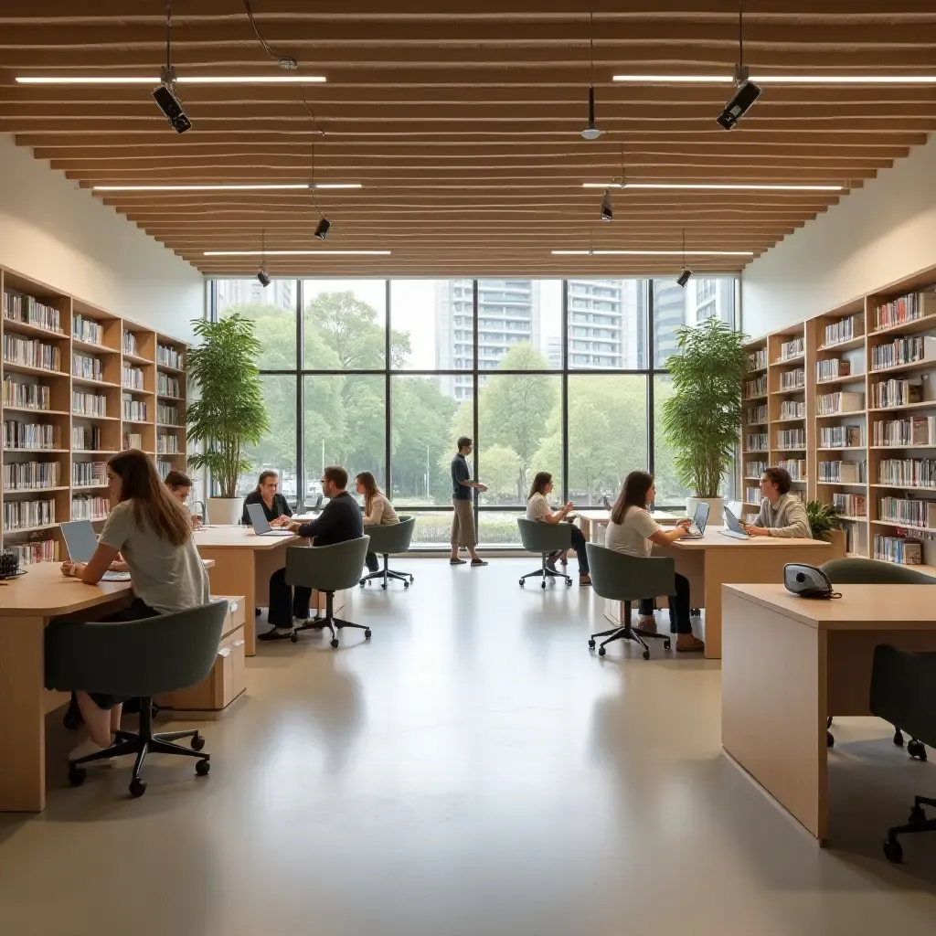 a photo of an open-concept library with movable shelves and collaborative spaces